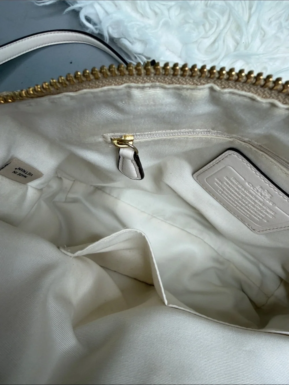 Authentic Coach Beige Canvas Signature Satchel with White Trim